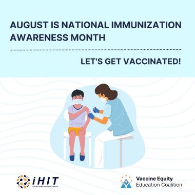 A poster with an immunization reminder and a child getting vaccinated.