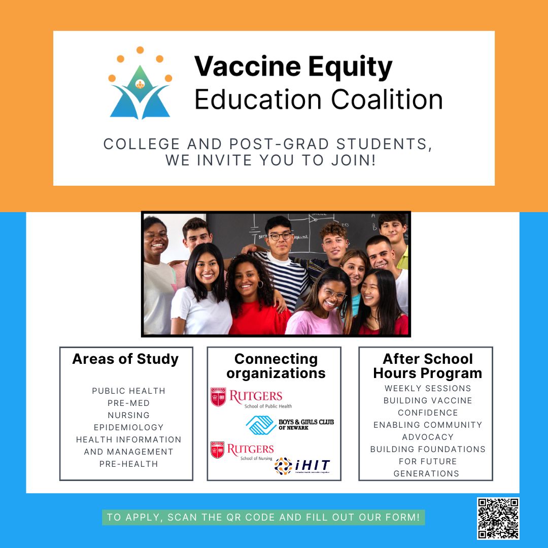A poster with the words " vaccine equity education coalition college and post-grad students, we invite you to join !"