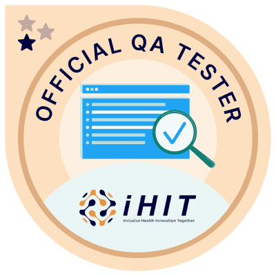 A badge with an image of a magnifying glass and the words official qa tester.