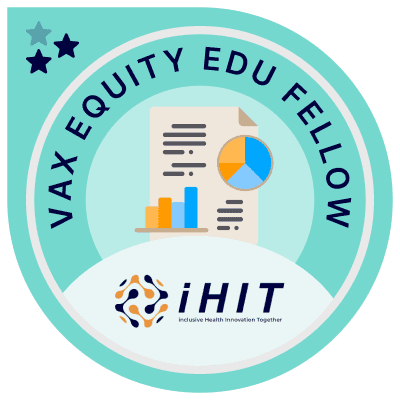 A badge with the words vax equity edu fellow and an ihit logo.