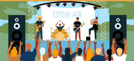 A band performing on stage with the words " open air ".