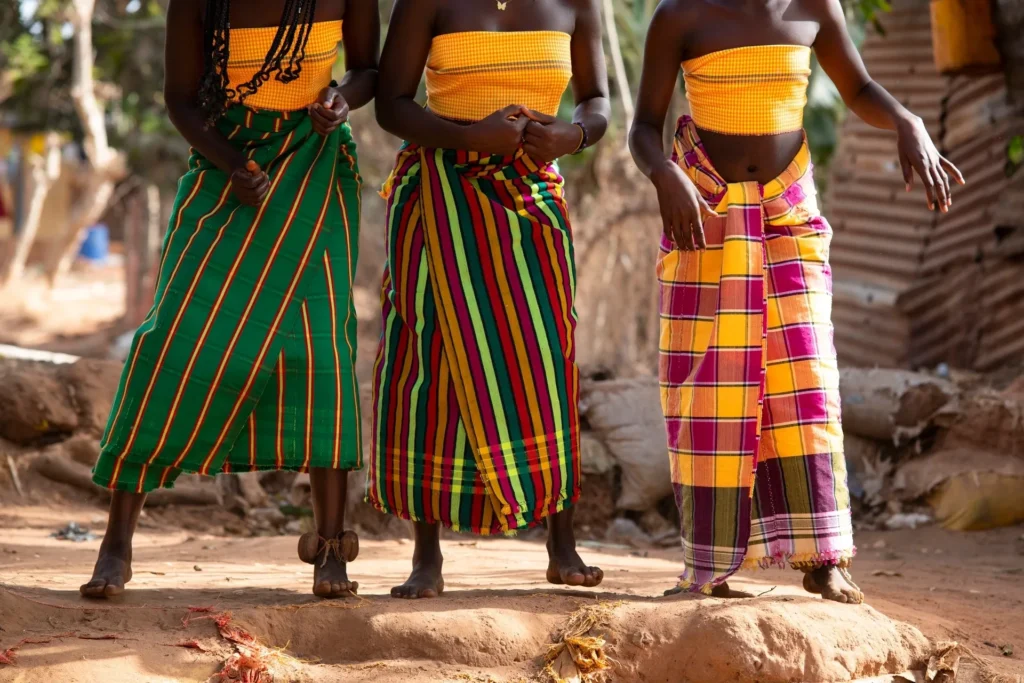 Women wearing colorful traditional skirts outdoors.